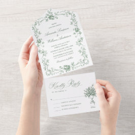 ルネッサンス華美フローラセージ結婚グリーン オールインワン招待状