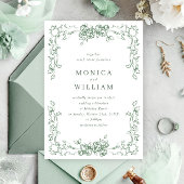 ルネッサンス華美フローラセージ結婚グリーン 招待状