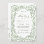 ルネッサンス華美フローラセージ結婚グリーン 招待状 (正面/裏面)