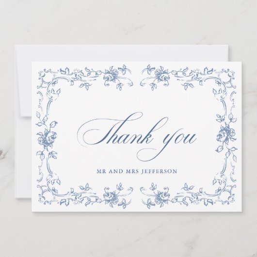 ルネッサンス華美フローラダスティブルー結婚ズ サンキューカード (正面)