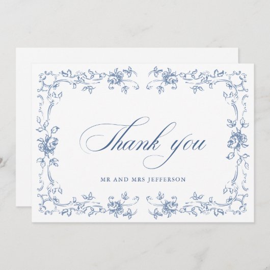 ルネッサンス華美フローラダスティブルー結婚ズ サンキューカード (正面/裏面)
