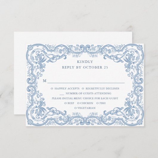 ルネッサンス華美フローラダスティブルー結婚ズ 出欠カード (正面/裏面)