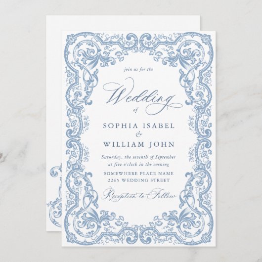ルネッサンス華美フローラダスティブルー結婚ズ 招待状 (正面/裏面)