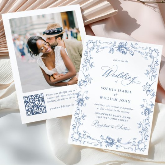 ルネッサンス華美フローラダスティブルー結婚ズ 招待状