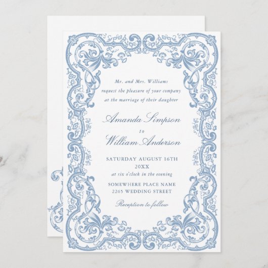ルネッサンス華美フローラダスティブルー結婚ズ 招待状 (正面/裏面)