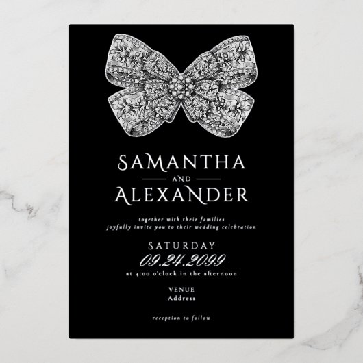 ルネッサンス華美リージェンシーボウブラックフォト結婚ズ 箔招待状 (正面)