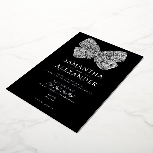 ルネッサンス華美リージェンシーボウブラックフォト結婚ズ 箔招待状 (回転した状態)