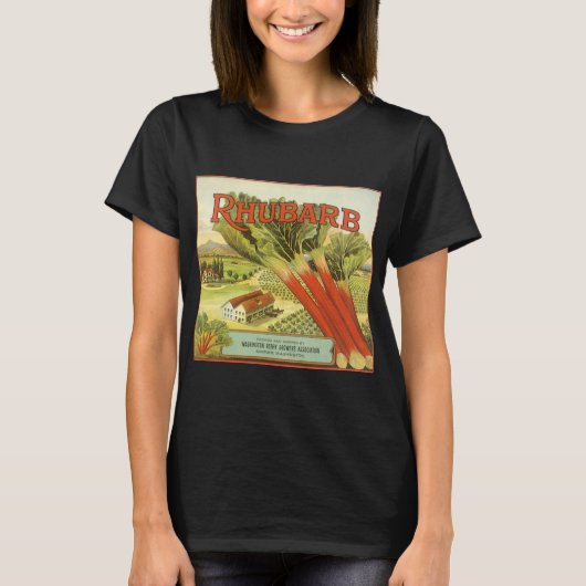ルバーブ農場のビンテージ野菜缶ラベルアート Tシャツ (正面)