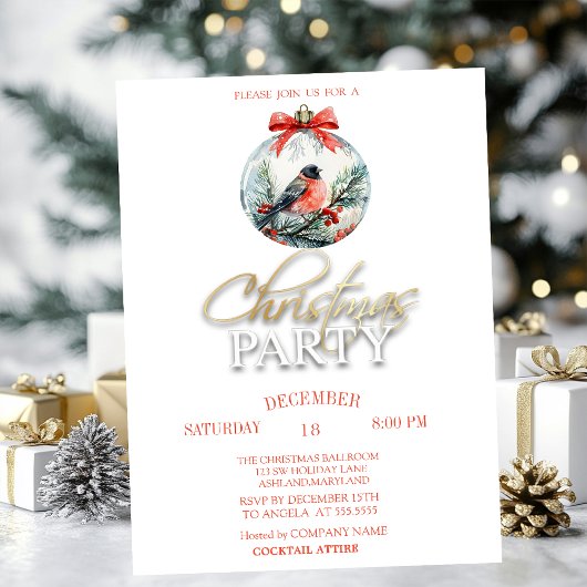 ルビンのカーディナル鳥、ホリーベリー、松の枝のボール招待状 招待状