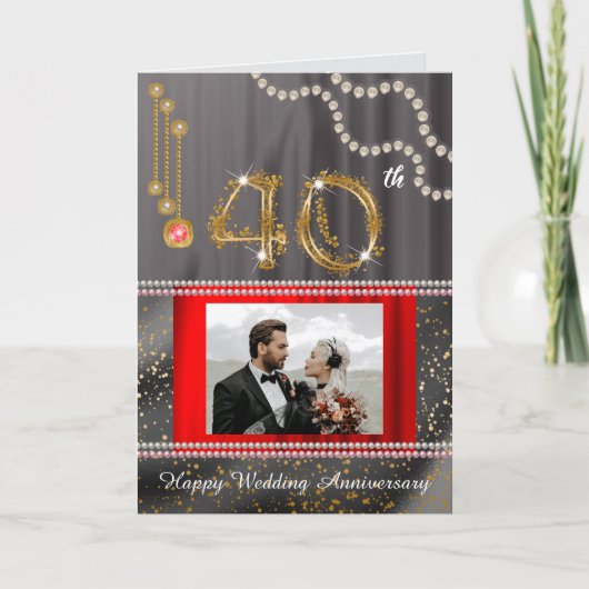 ルビーの宝石の40回目の結婚記念日の写真の挨拶 カード (正面)