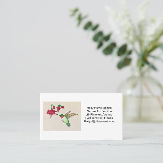 ルビーの水切りハミングバード水彩ピンクの花 名刺 (スタンド正面)