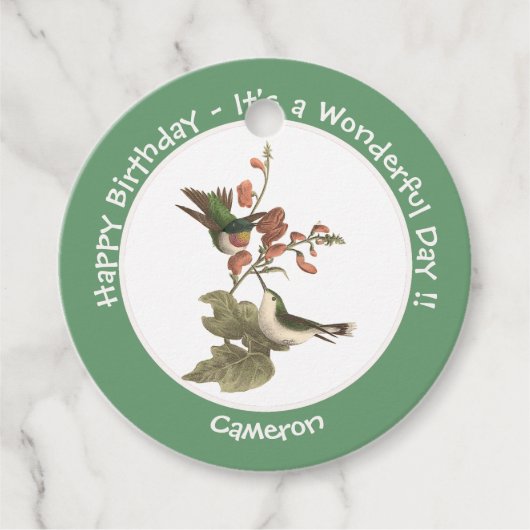 ルビーを使ったハミングバード、誕生日またはその他のパーティー フェイバータグ (正面)