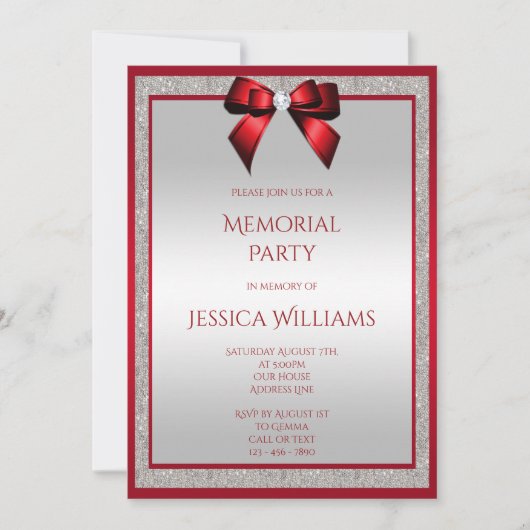 ルビーエレガントレッドシルバーグリッターメモリアルパーティー 招待状 (正面)