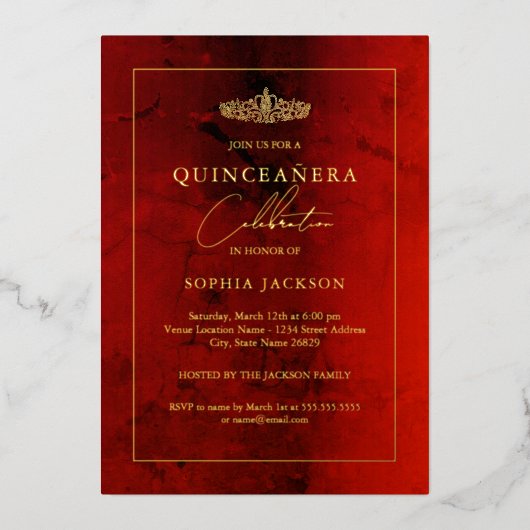 ルビーエレガントレッド金ゴールドキンセアニェラ15日 箔招待状 (正面)