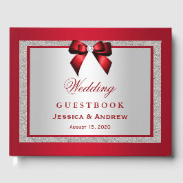 ルビーエレガントレッド&シルバーグリッター結婚ズ ゲストブック