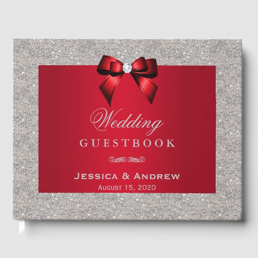 ルビーエレガントレッド、シルバーグリッター結婚ズ ゲストブック (正面)