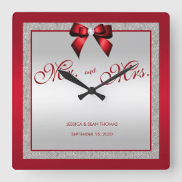 ルビーエレガントレッド&シルバーグリッター結婚式 スクエア壁時計