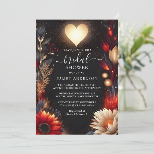 ルビークラレットホワイトハートレッドブラックブライダルシャワー 招待状 (スタンド正面)