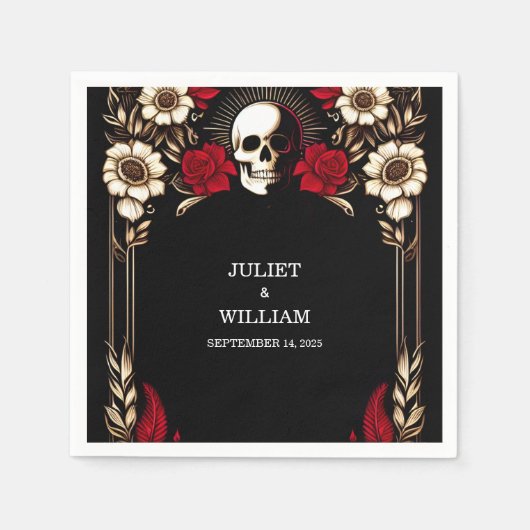 ルビーシッククラレット白ハートレッド結婚ブラック スタンダードカクテルナプキン (正面)