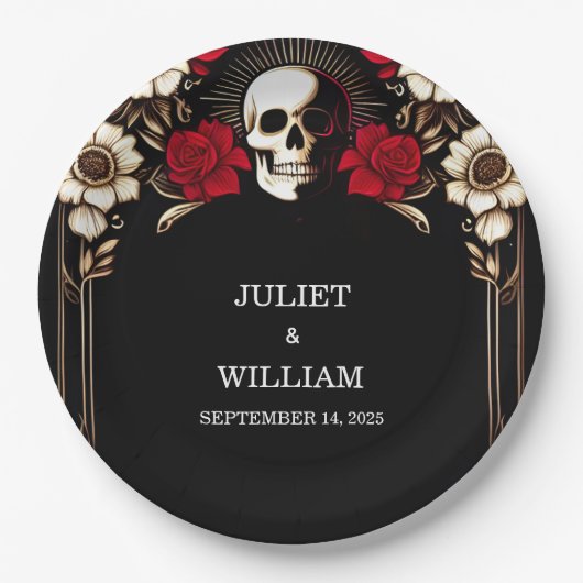 ルビーシッククラレット白ハートレッド結婚ブラック ペーパープレート (正面)