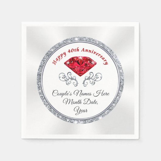 ルビーパーソナライズされた40周年記念ナプキン スタンダードカクテルナプキン (正面)