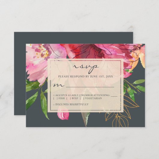 ルビーピンク牡丹アイボリー結婚フローラ 出欠カード (正面/裏面)