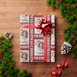 ルビーレッドのギザギザフレームのクリスマス写真 ラッピングペーパー