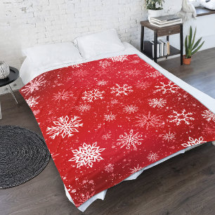 ルビーレッドのクリスマス 白い雪の結晶 フリースブランケット