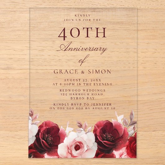 ルビーレッドのバラ 40周年結婚記念日 アクリル招待状 (正面)