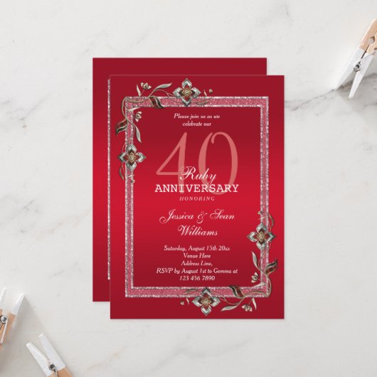 ルビーレッドの宝石とグリッターが輝く40周年記念の結婚式 招待状 (正面/裏面インサイチュ)