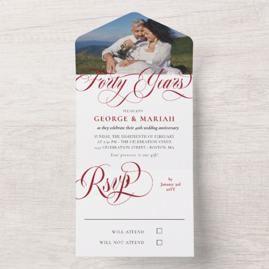 ルビーレッドの渦巻き写真 40周年結婚記念日 オールインワン招待状 (内側)