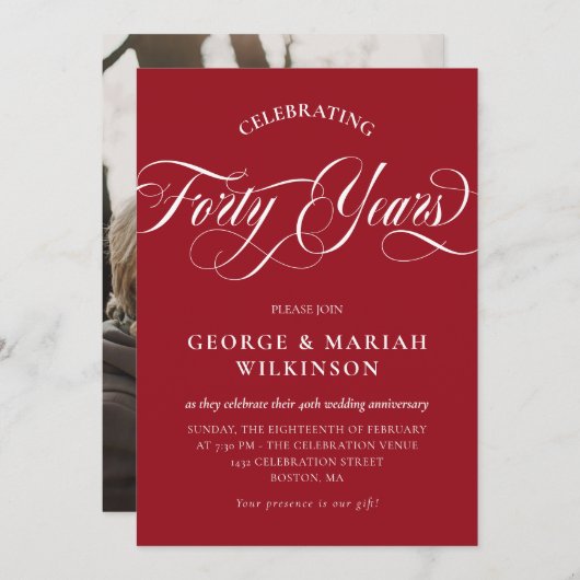 ルビーレッドの渦巻くカリグラフィー 40周年結婚記念日 招待状 (正面/裏面)