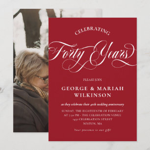 ルビーレッドの渦巻くカリグラフィー 40周年 結婚記念日 招待状
