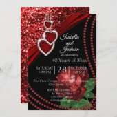 ルビーレッドグリッターとバラ 招待状 (正面/裏面)