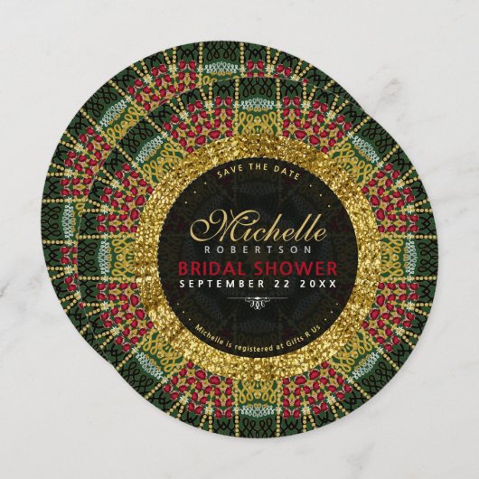 ルビーレッドグリーン金ゴールドグリッターブライダルシャワー 招待状 (正面/裏面)