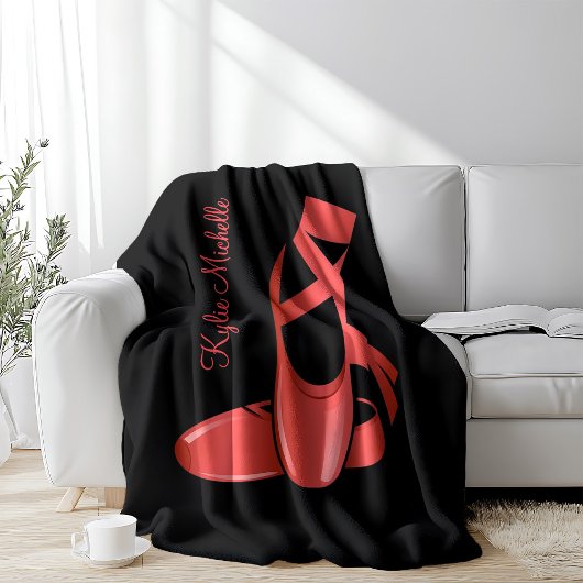 ルビーレッドバレエスリッパ付きネームダンス フリースブランケット