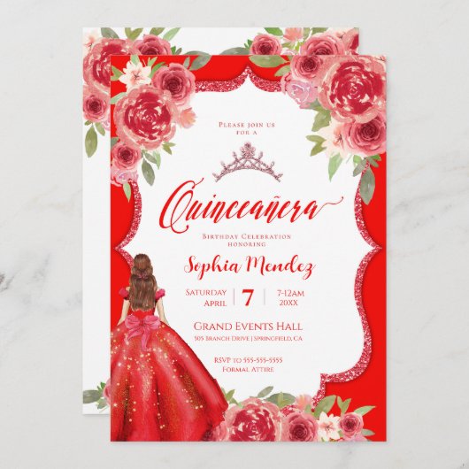 ルビーレッドローズフローラウォーターカラーキンセアニェラ 招待状 (正面/裏面)