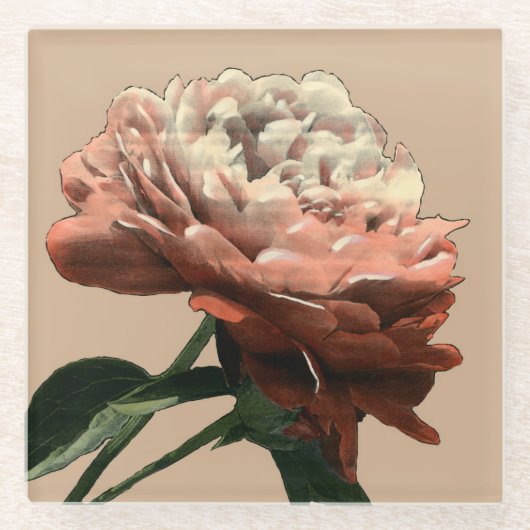 ルビーレッドローズホワイトアクセント ガラスコースター (正面)