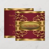 ルビーレッドワインとバーガンディゴールドの誕生日パーティー 招待状 (正面/裏面)