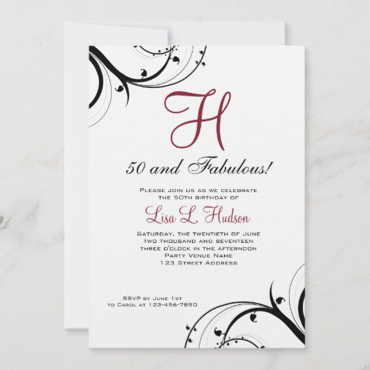 ルビーレッド白黒が50番目の誕生日 招待状 (正面)