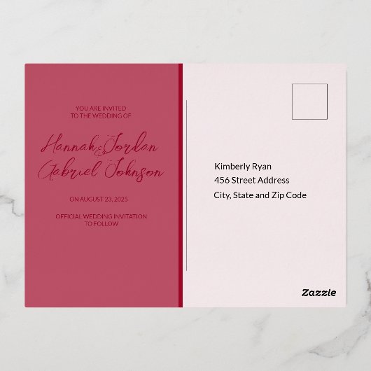 ルビーレッド結婚のホイル招待状はがき 箔招待状ポストカード (裏面)