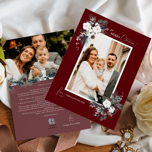 ルビーレッド緑のヴィンテージクリスマスツーフォト シーズンカード