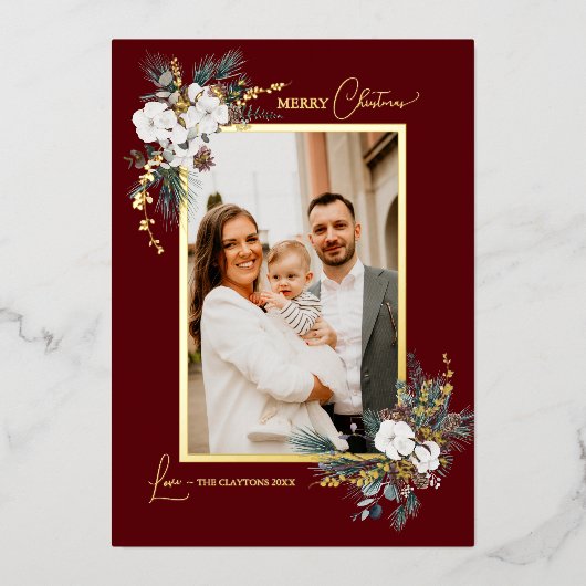 ルビーレッド緑のヴィンテージクリスマスツーフォト 箔シーズンカード (正面)