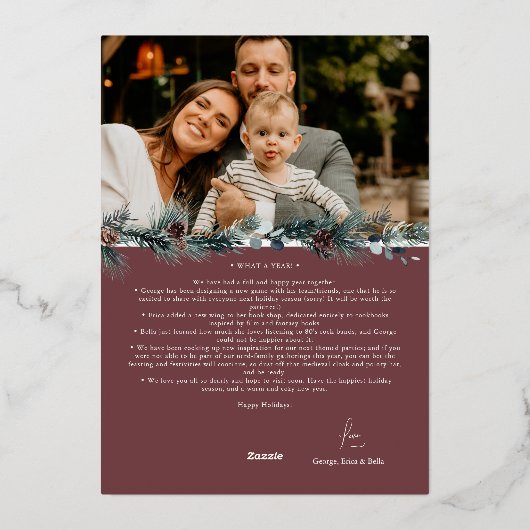 ルビーレッド緑のヴィンテージクリスマスツーフォト 箔シーズンカード (裏面)