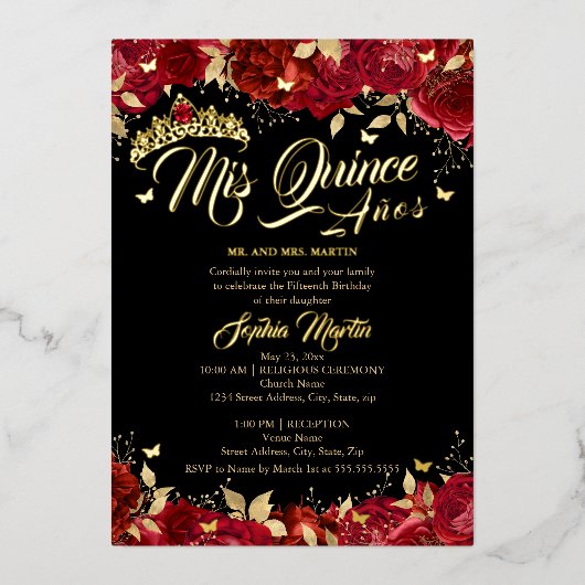 ルビーレッド金ゴールドブラックバラミクリンキンセアニェラ 箔招待状 (正面)