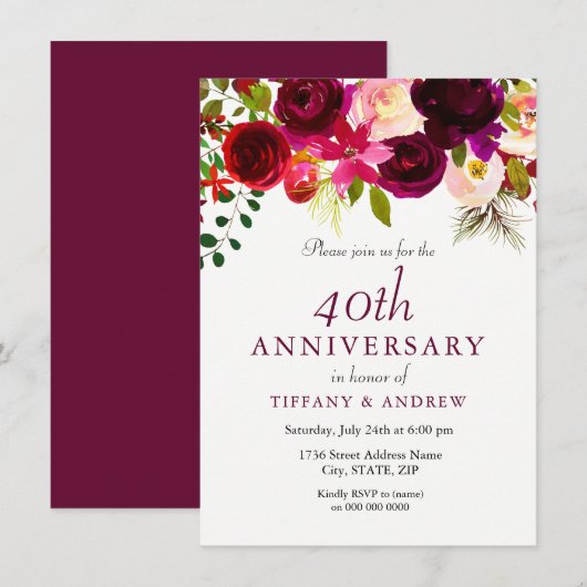 ルビーレッド バーガンディ フローラル 40周年 結婚記念日 招待状 (正面/裏面)