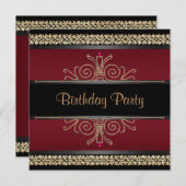 ルビーレッド ブラック ゴールド 女性の誕生日パーティー 招待状 (正面/裏面)