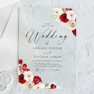 ルビーレッド&ホワイトフローラウォーターカラー結婚ズ アクリル招待状