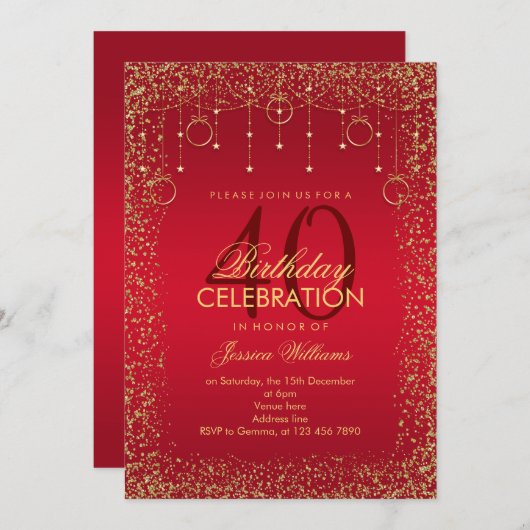 ルビーレッド&金ゴールドグリッターデコレーション誕生日 招待状 (正面/裏面)