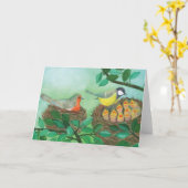 ルビーロビンとコガラの鳥の巣作り カード (黄色い花)